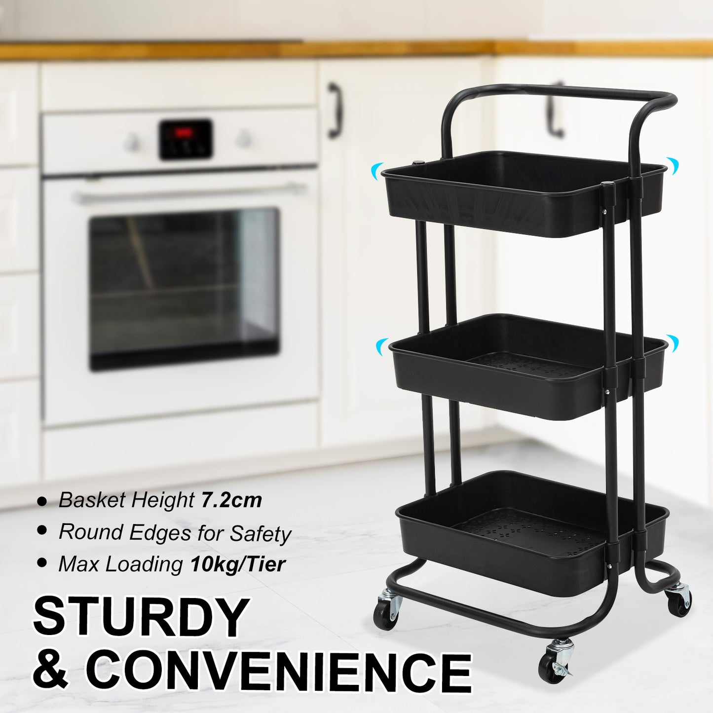 Kandoka 3 Tier Black Trolley Cart Storage Utility Rack Organiser Swivel Kitchen Tristar Online