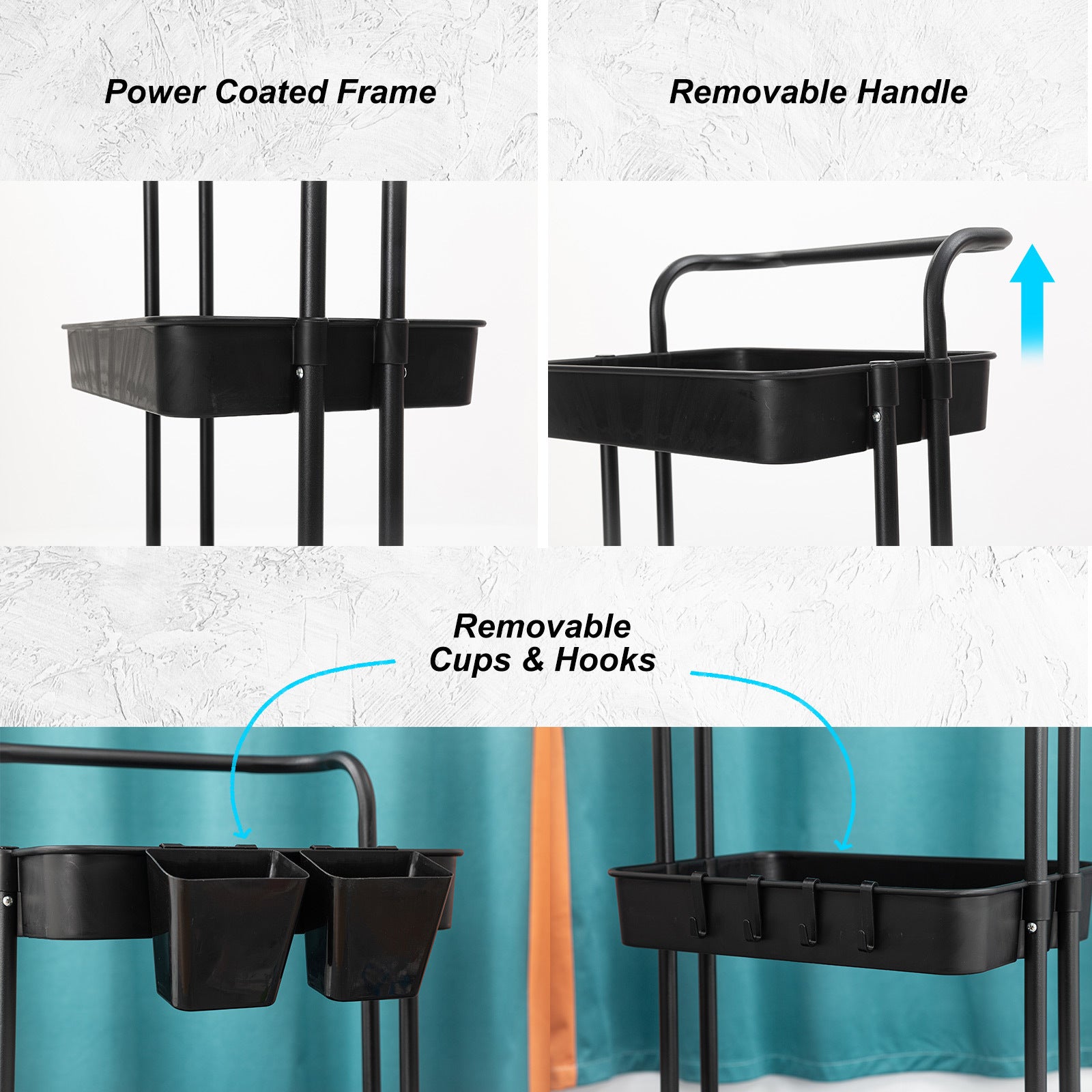 Kandoka 3 Tier Black Trolley Cart Storage Utility Rack Organiser Swivel Kitchen Tristar Online