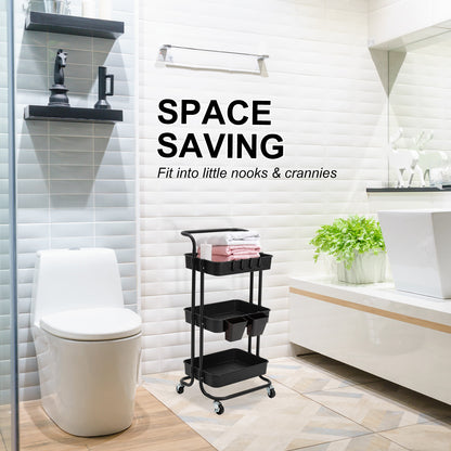 Kandoka 3 Tier Black Trolley Cart Storage Utility Rack Organiser Swivel Kitchen Tristar Online