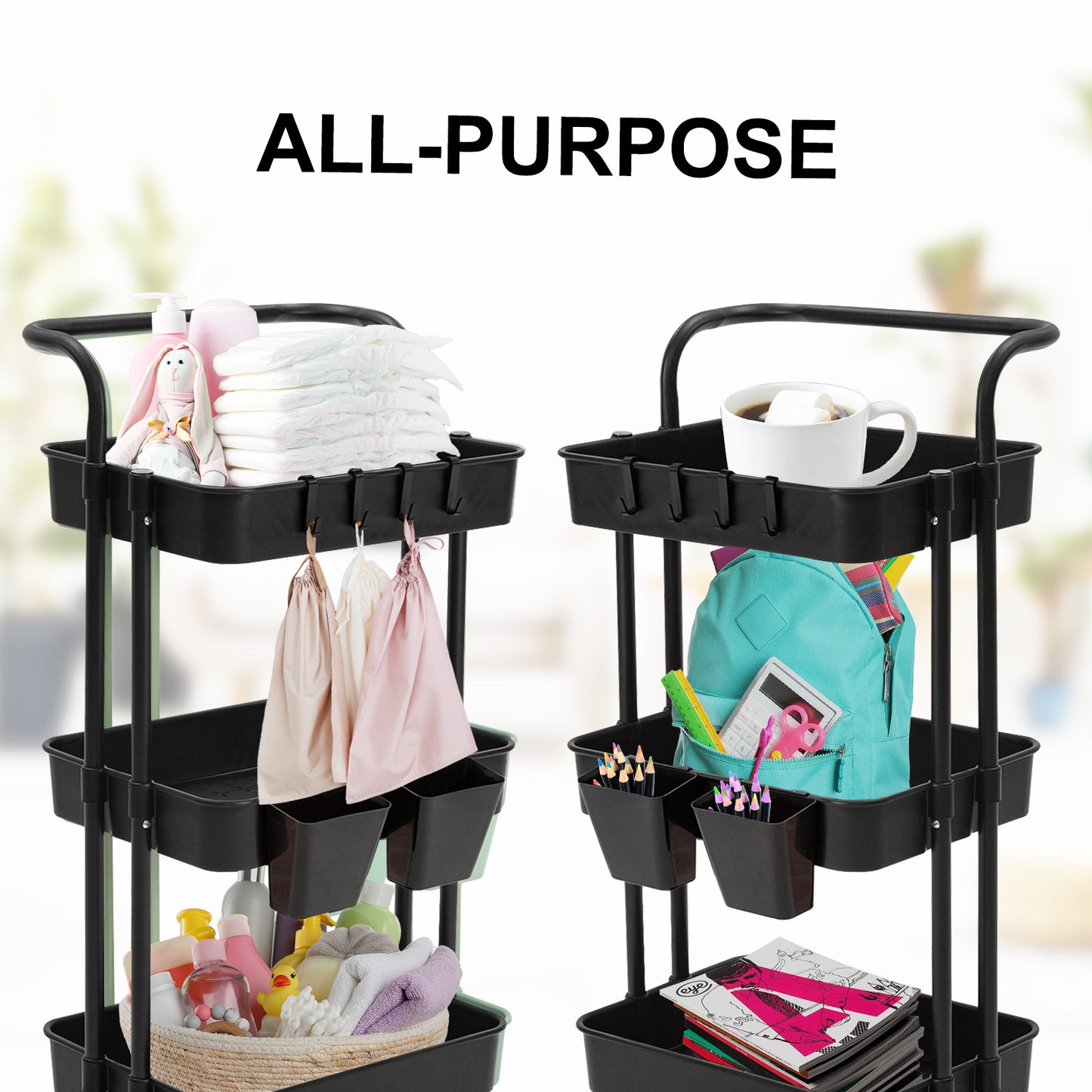 Kandoka 3 Tier Black Trolley Cart Storage Utility Rack Organiser Swivel Kitchen Tristar Online