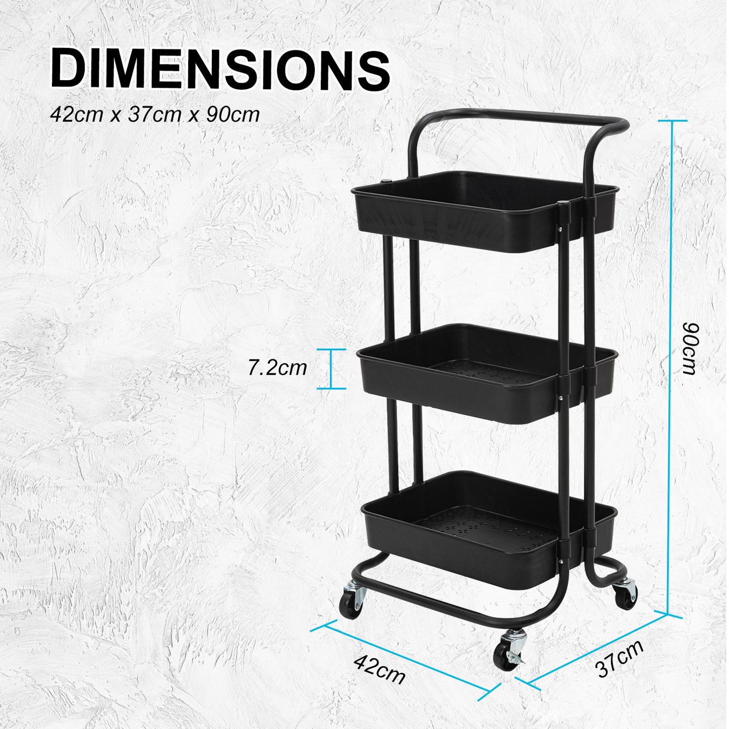 Kandoka 3 Tier Black Trolley Cart Storage Utility Rack Organiser Swivel Kitchen Tristar Online
