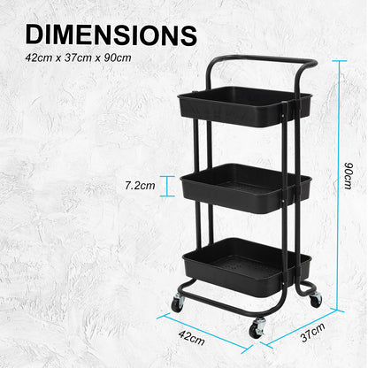 Kandoka 3 Tier Black Trolley Cart Storage Utility Rack Organiser Swivel Kitchen Tristar Online