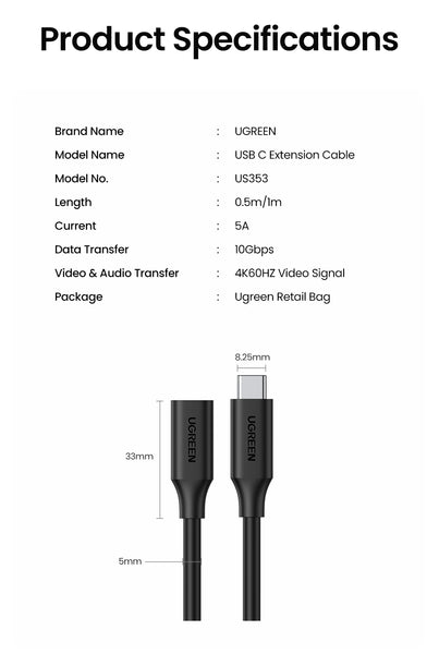 UGREEN 10387 USB-C Extension Cable 1M Tristar Online