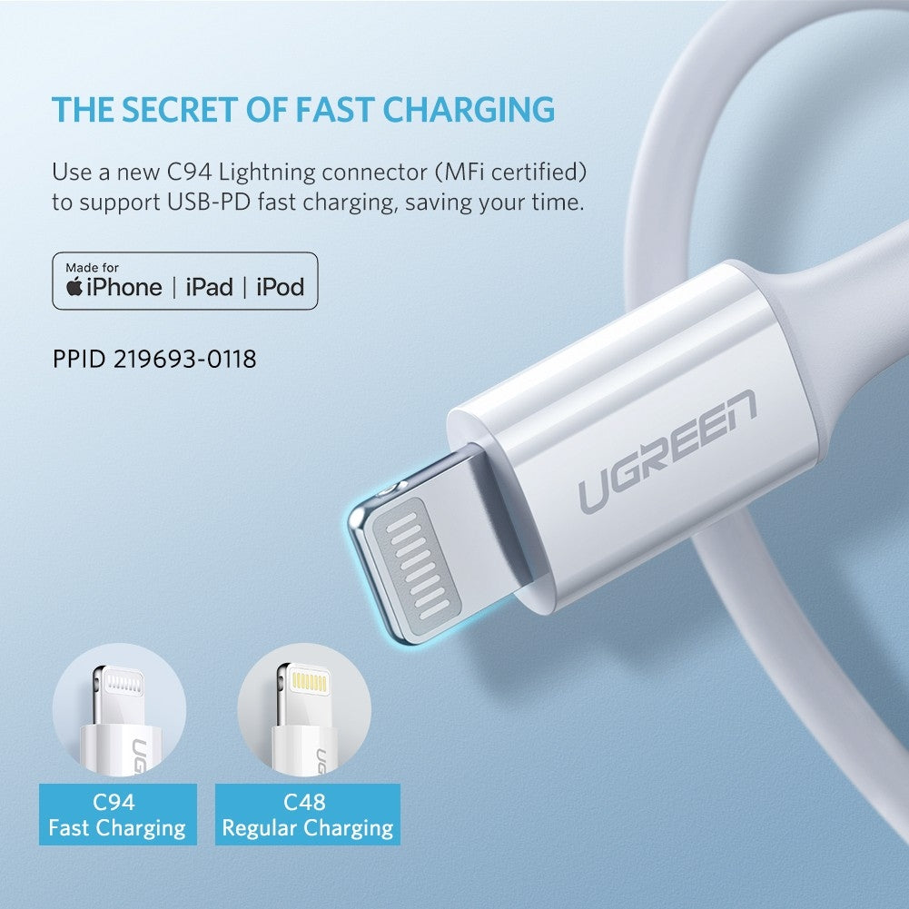 UGREEN 10493 Type-C to MFI iPhone M/M Cable Rubber Shell 1M White Tristar Online