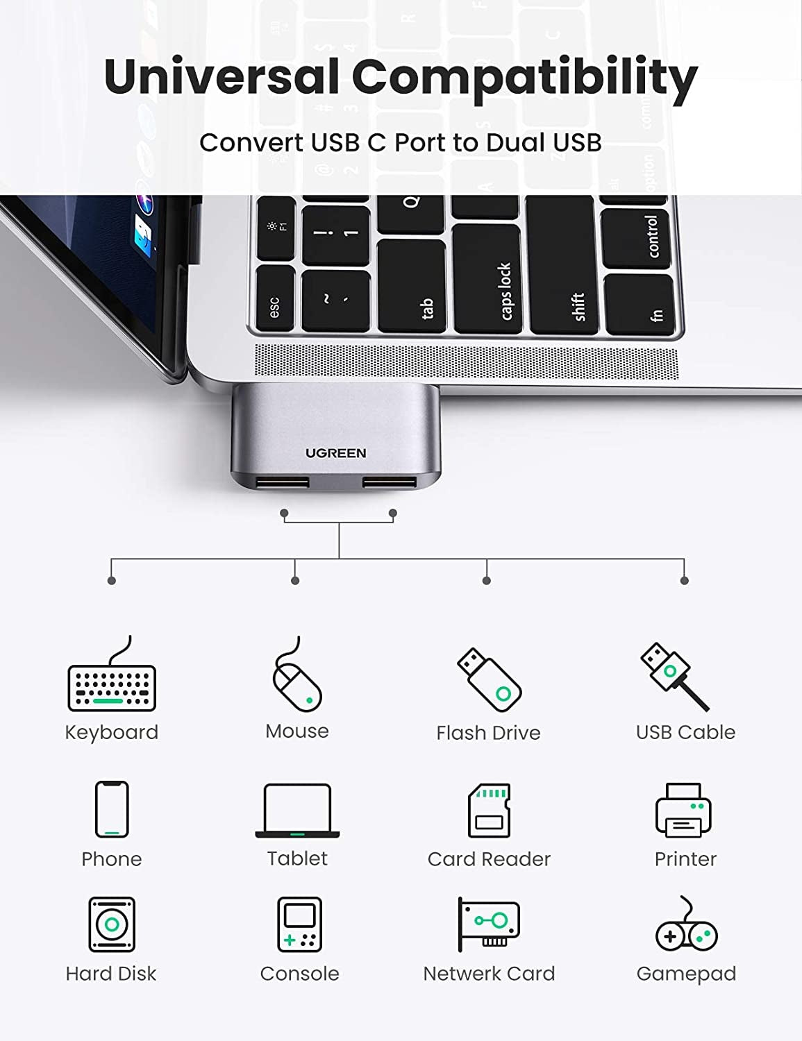 UGREEN 10912 USB-C to USB 3.0 x2 Adapter Tristar Online