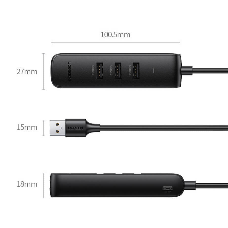 UGREEN 20984 USB 2.0 to 3 x USB2.0 with RJ45 (100Mbps) Ethernet Adapter (Black) Tristar Online