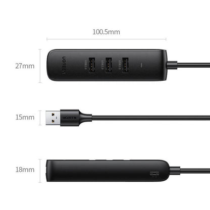 UGREEN 20984 USB 2.0 to 3 x USB2.0 with RJ45 (100Mbps) Ethernet Adapter (Black) Tristar Online