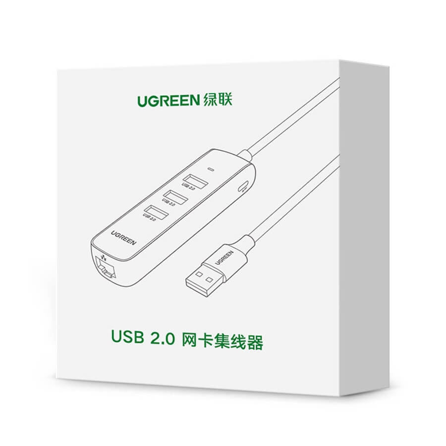 UGREEN 20984 USB 2.0 to 3 x USB2.0 with RJ45 (100Mbps) Ethernet Adapter (Black) Tristar Online