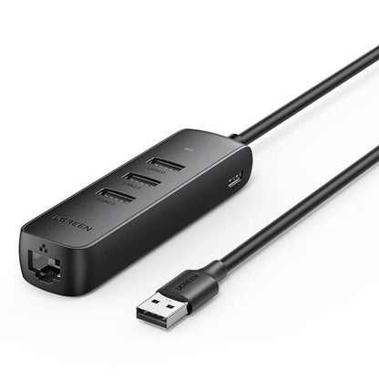 UGREEN 20984 USB 2.0 to 3 x USB2.0 with RJ45 (100Mbps) Ethernet Adapter (Black) Tristar Online