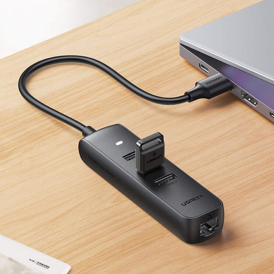 UGREEN 20984 USB 2.0 to 3 x USB2.0 with RJ45 (100Mbps) Ethernet Adapter (Black) Tristar Online