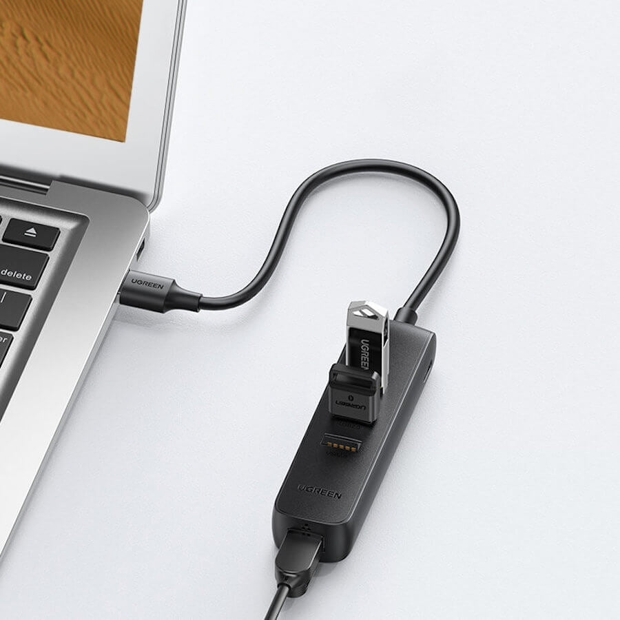 UGREEN 20984 USB 2.0 to 3 x USB2.0 with RJ45 (100Mbps) Ethernet Adapter (Black) Tristar Online