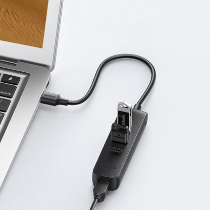 UGREEN 20984 USB 2.0 to 3 x USB2.0 with RJ45 (100Mbps) Ethernet Adapter (Black) Tristar Online