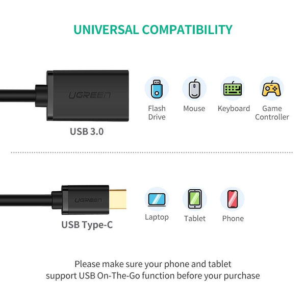 UGREEN USB Type-C Male to USB 3.0 Type A Female OTG Cable - Black 15CM (30701) Tristar Online