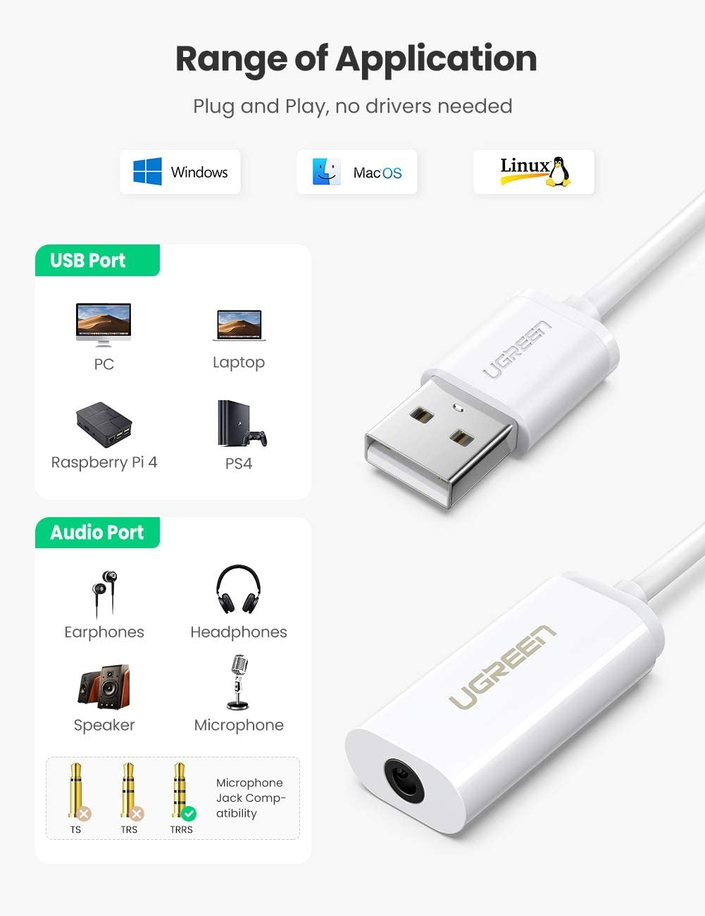 UGREEN USB A Male to 3.5 mm Aux Cable (White) Tristar Online