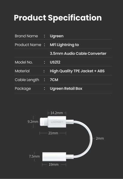 UGREEN 30759 iPhone 8-pin to 3.5mm Headphone Adapter Tristar Online