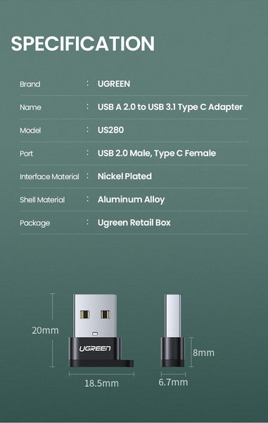 UGREEN 50568 USB-C 3.1 Female to USB-A 2.0 Male Adapter Tristar Online