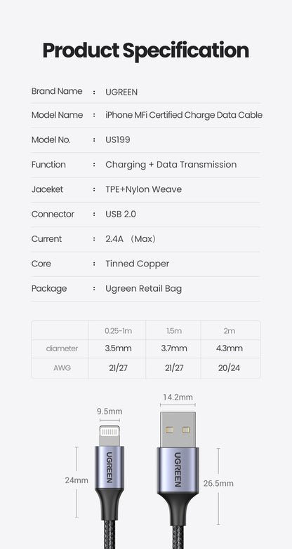 UGREEN 60158 USB-A to 8-pin iPhone Charging Cable 2M Black Tristar Online