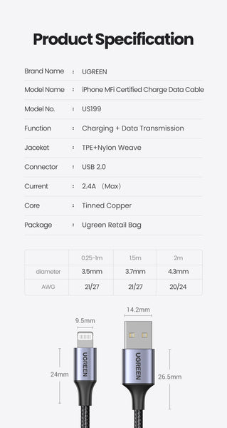 UGREEN 60163 USB-A to 8-pin iPhone Charging Cable 2M Silver Tristar Online