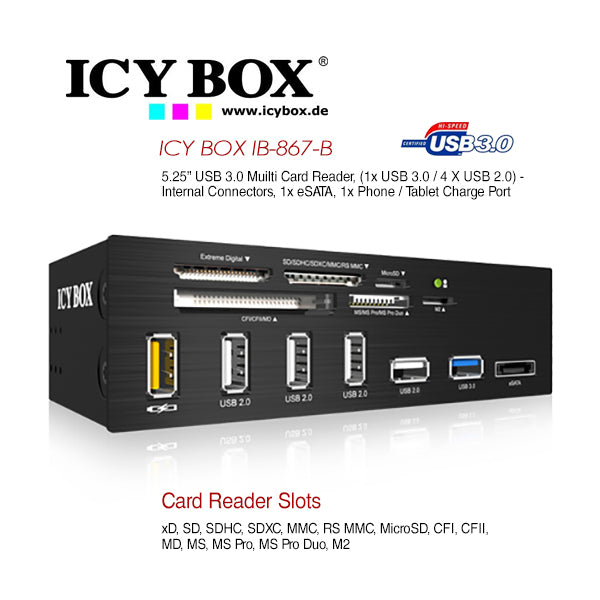 ICY BOX Standard 5.25" drive bay USB 3.0 multi card reader with an eSATA port and a USB charging port (IB-867) Tristar Online