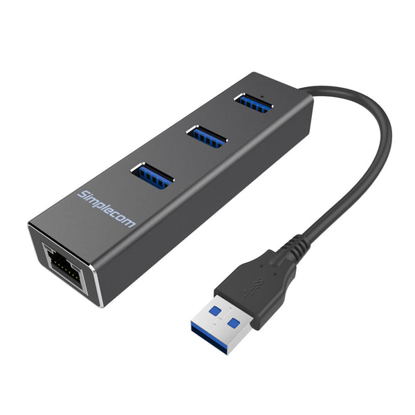 Simplecom CHN410 Aluminium 3 Port USB 3.0 HUB with Gigabit Ethernet Adapter 1000Mbps Black Tristar Online