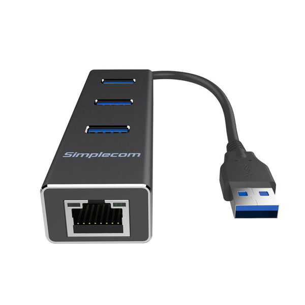 Simplecom CHN410 Aluminium 3 Port USB 3.0 HUB with Gigabit Ethernet Adapter 1000Mbps Black Tristar Online