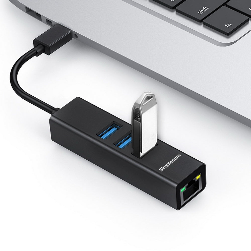 Simplecom CHN421 Aluminium USB-C to 3 Port USB HUB with Gigabit Ethernet Adapter Black Tristar Online