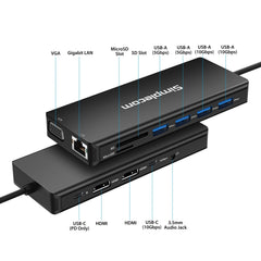 Simplecom CHN613 USB-C 13-in-1 Multiport Docking Station Dual HDMI + VGA Triple Display USB 3.2 Gen 2 10Gbps Tristar Online