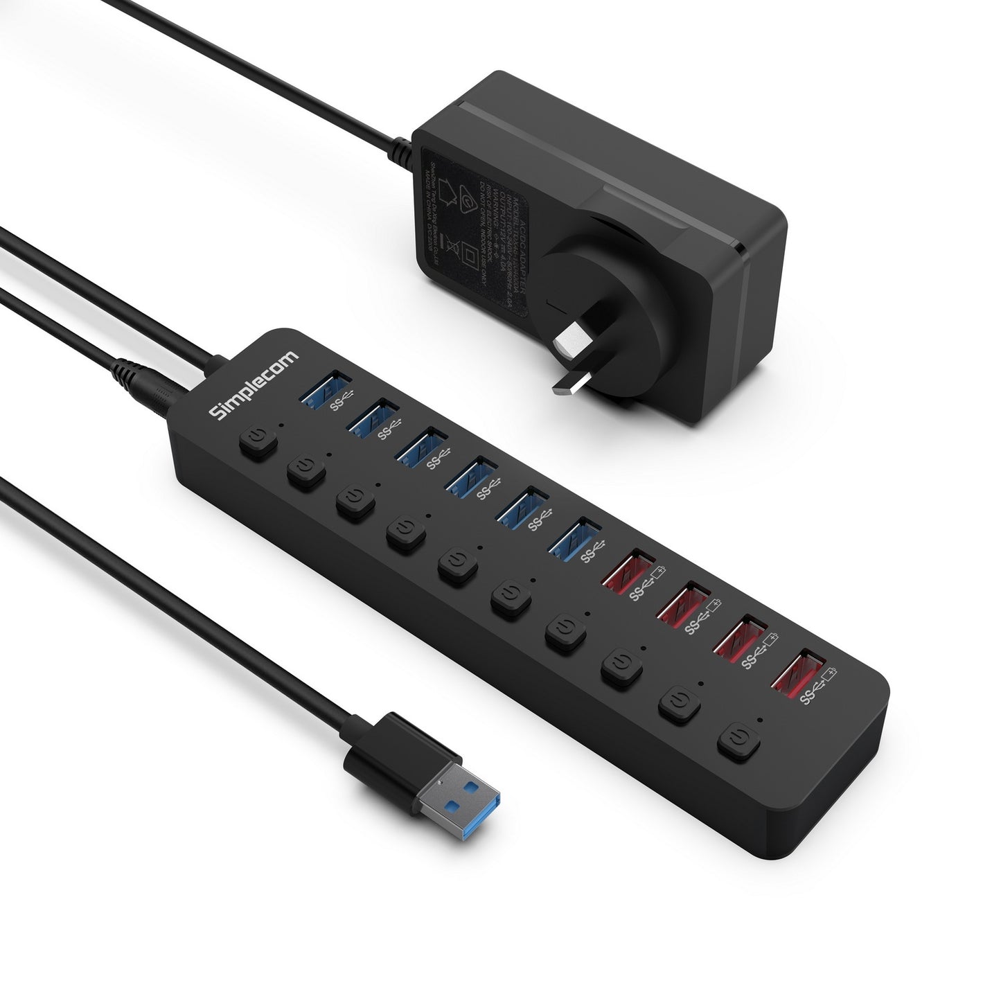 Simplecom CHU810 48W 10-Port USB 3.0 Hub and Charger with Individual Switches 12V/4A Power Adapter BC1.2 Fast Charging Tristar Online