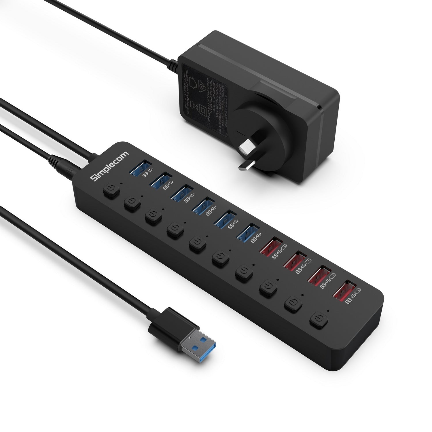 Simplecom CHU810 48W 10-Port USB 3.0 Hub and Charger with Individual Switches 12V/4A Power Adapter BC1.2 Fast Charging Tristar Online