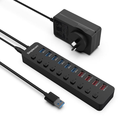 Simplecom CHU810 48W 10-Port USB 3.0 Hub and Charger with Individual Switches 12V/4A Power Adapter BC1.2 Fast Charging Tristar Online