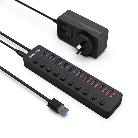 Simplecom CHU810 48W 10-Port USB 3.0 Hub and Charger with Individual Switches 12V/4A Power Adapter BC1.2 Fast Charging Tristar Online