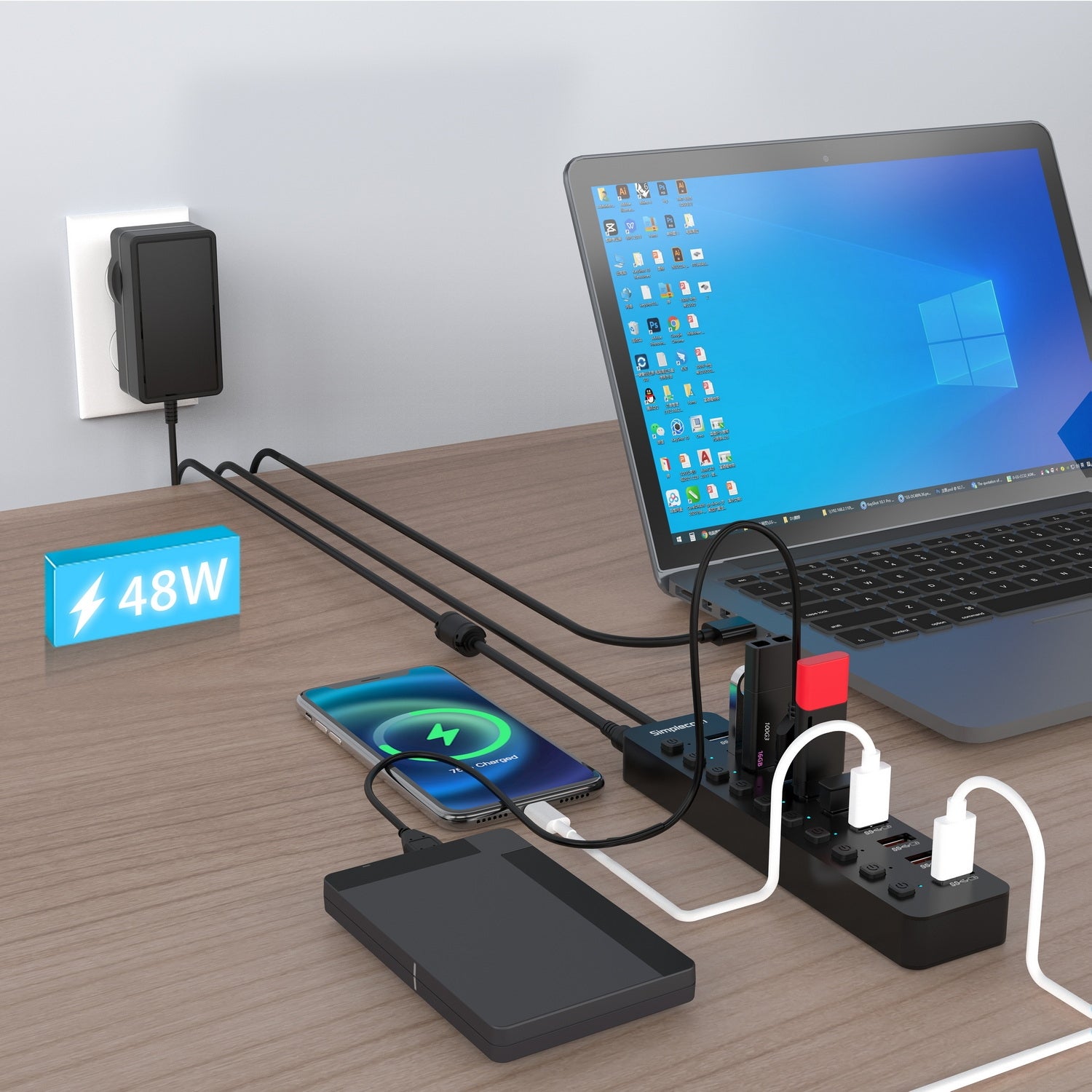 Simplecom CHU810 48W 10-Port USB 3.0 Hub and Charger with Individual Switches 12V/4A Power Adapter BC1.2 Fast Charging Tristar Online