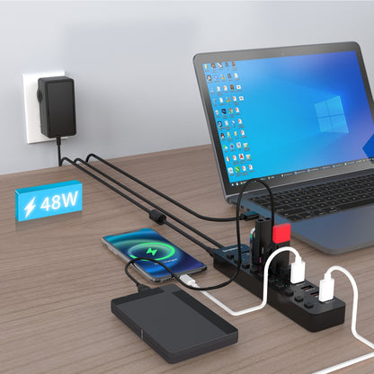 Simplecom CHU810 48W 10-Port USB 3.0 Hub and Charger with Individual Switches 12V/4A Power Adapter BC1.2 Fast Charging Tristar Online