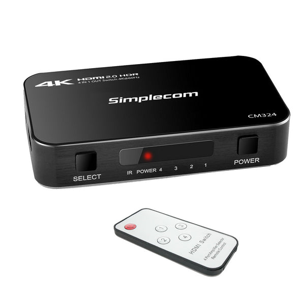 Simplecom CM324 4 Way HDMI 2.0 Switch with Remote 4 In 1 Out Splitter HDCP 2.2 4K @60Hz UHD HDR Tristar Online