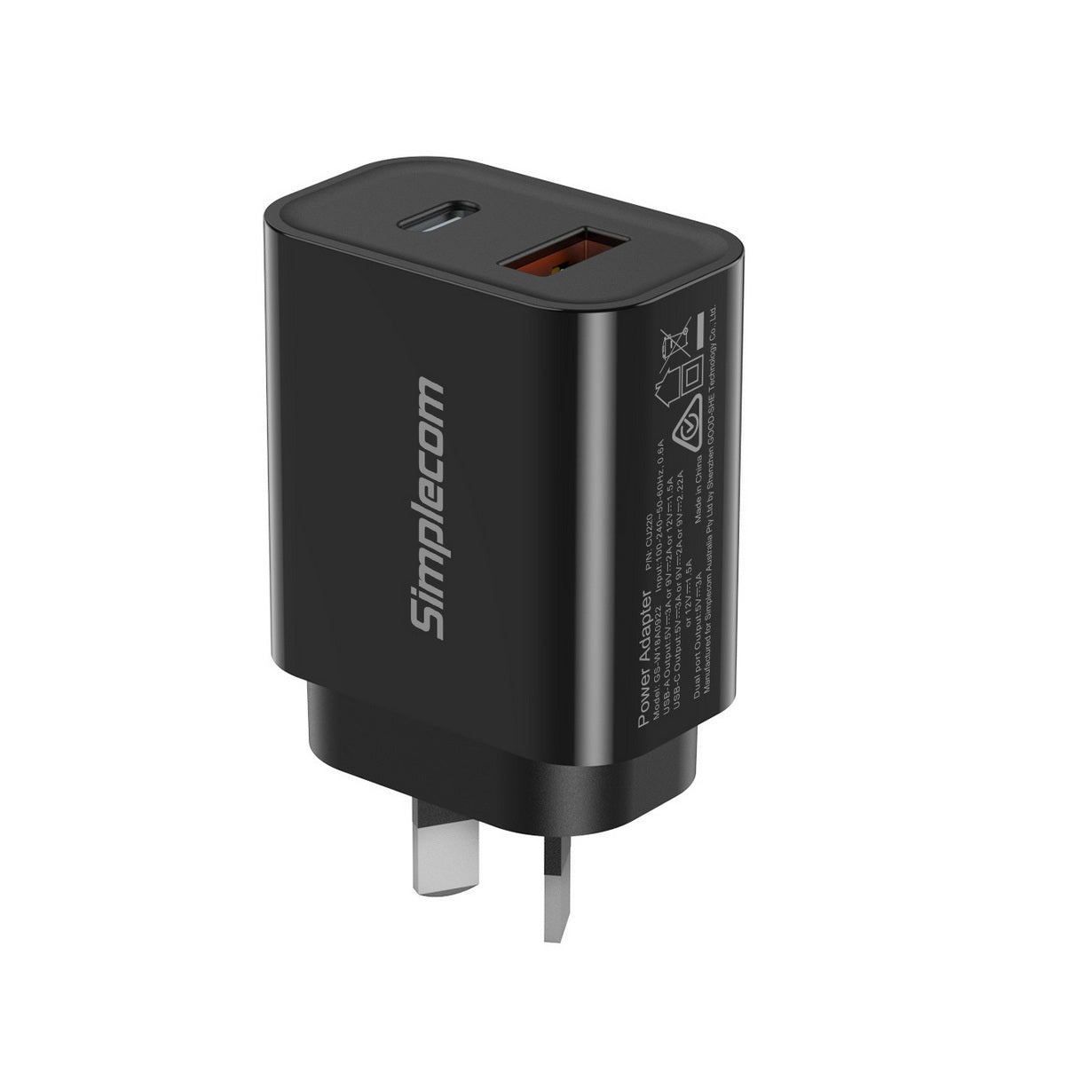 Simplecom CU220 Dual Port PD 20W Fast Wall Charger USB-C + USB-A for Phone Tablet Tristar Online