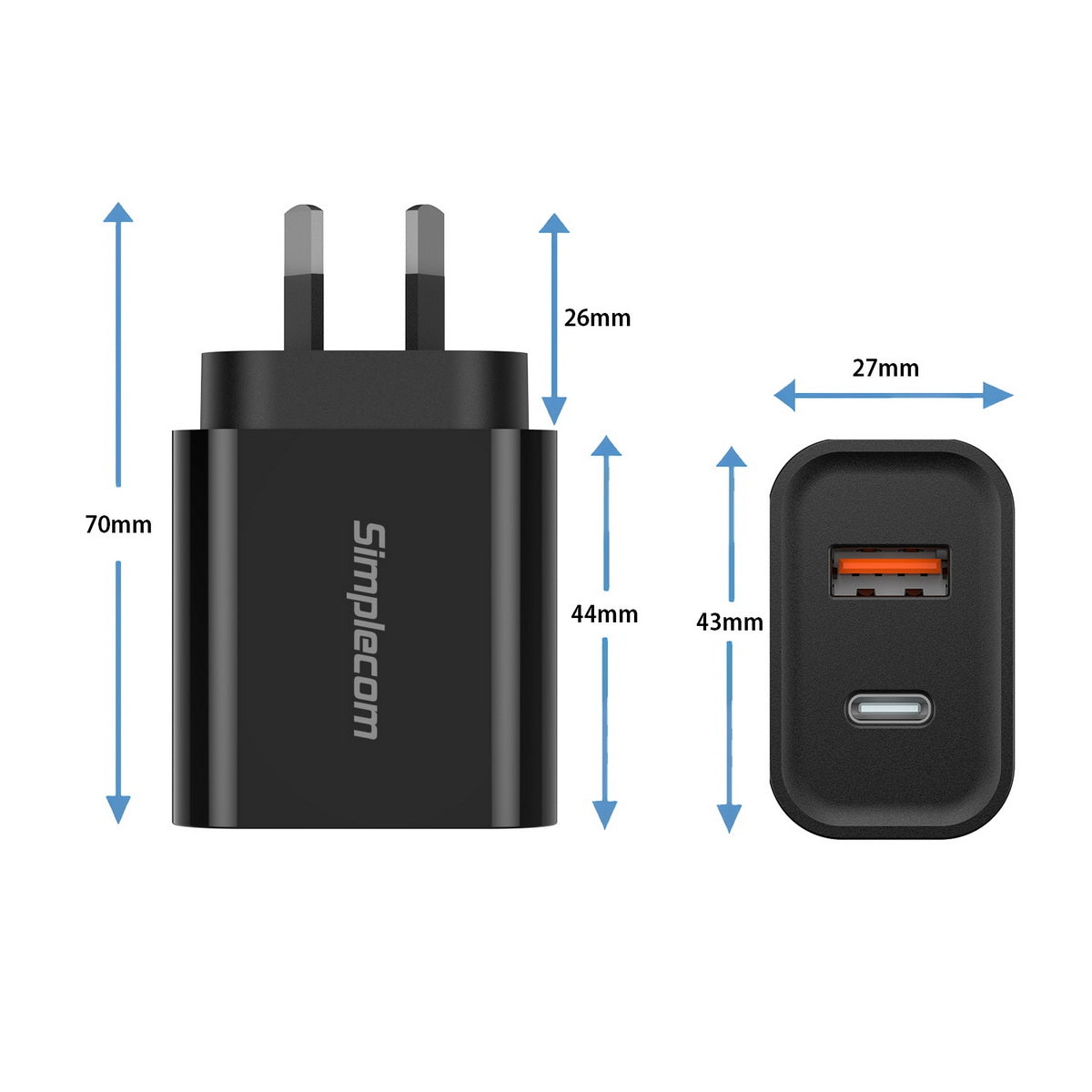 Simplecom CU220 Dual Port PD 20W Fast Wall Charger USB-C + USB-A for Phone Tablet Tristar Online