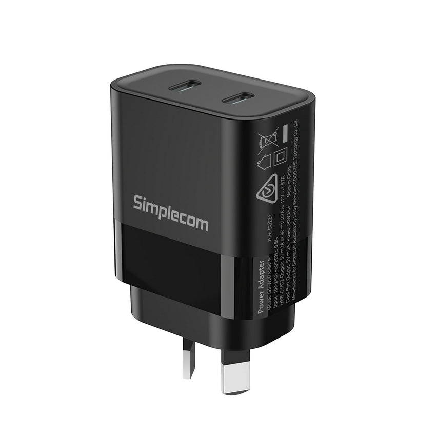 Simplecom CU221 Dual USB-C Fast Wall Charger PD 20W for Phone Tablet Tristar Online