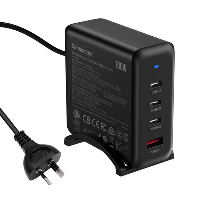 Simplecom CU400 4-Port PD 100W GaN Fast Charger 3xUSB-C + USB-A for Phone Tablet Laptop Tristar Online