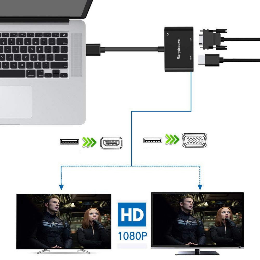 Simplecom DA316A USB to HDMI + VGA Video Card Adapter with 3.5mm Audio Tristar Online
