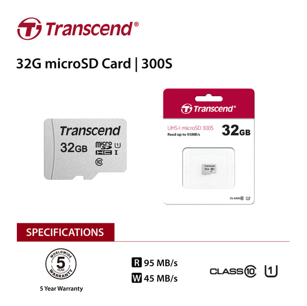 TRANSCEND TS32GUSD300S 32GB UHS-I U1 microSD w/o Adapter  (microSDHC I, C10, U1) Tristar Online