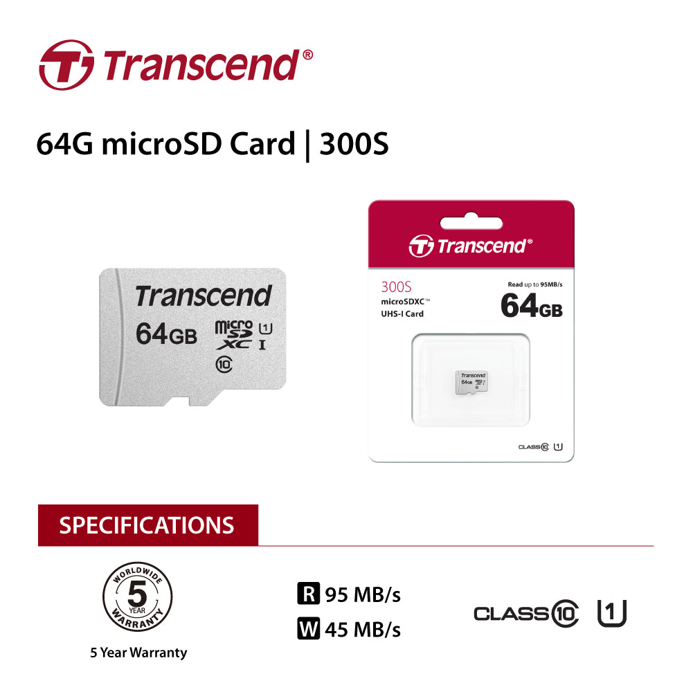 TRANSCEND TS64GUSD300S 64GB UHS-I U1 microSD w/o Adapter  (microSDHC I, C10, U1) Tristar Online