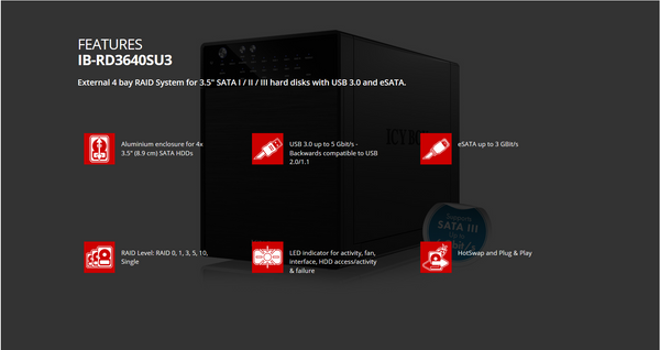 ICY BOX External 4 bay RAID System for 3.5" SATA I / II / III hard disks with USB 3.0 and eSATA (IB-RD3640SU3) Tristar Online