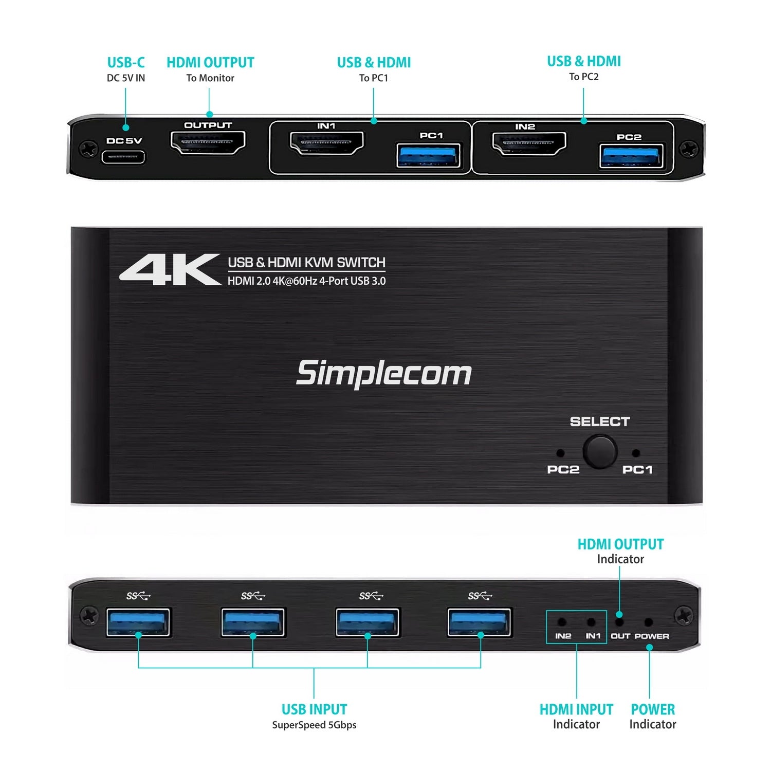 Simplecom KM420 2-Port HDMI KVM Switch HDMI 2.0 4K@60Hz 4-Port USB 3.0 Hub 5Gbps Tristar Online
