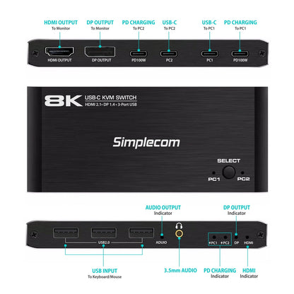 Simplecom KM470 2-Port USB-C KVM Switch 8K Docking Station HDMI 2.1 DP for Laptop Tablet Tristar Online