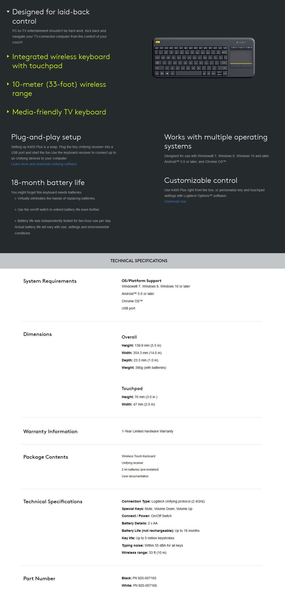 Logitech K400 PLUS Touch Wireless keyboard - Black (920-007165) Tristar Online