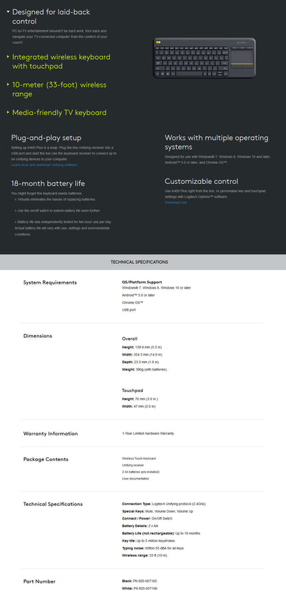 Logitech K400 PLUS Touch Wireless keyboard - Black (920-007165) Tristar Online