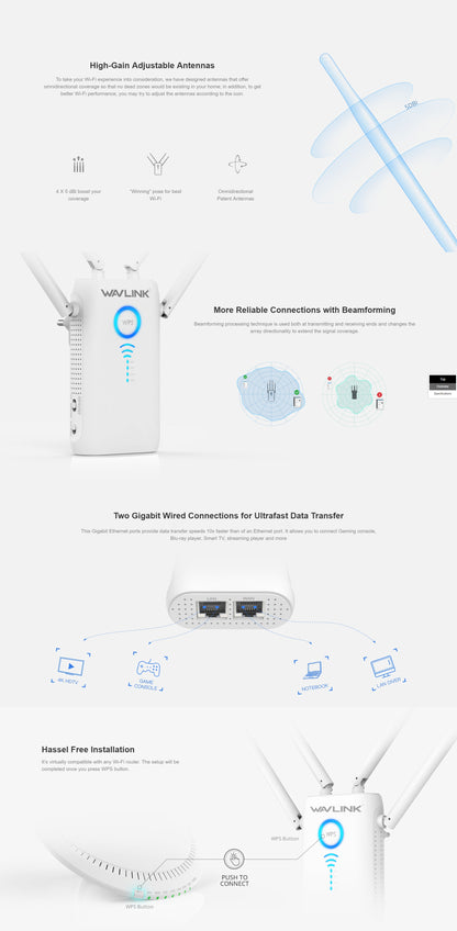 WAVLINK AC1200 Dual Gigabit Ethernet Ports Wi-Fi Range Extender (WL-WN579G3) Tristar Online