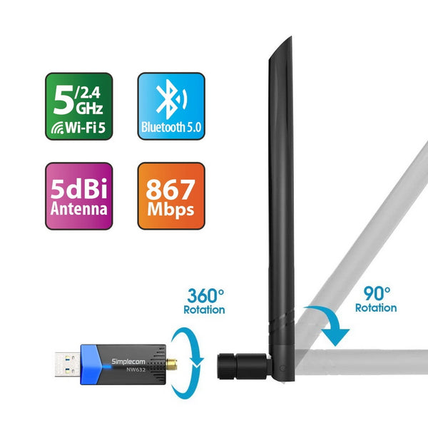 Simplecom NW632 Wi-Fi 5 Bluetooth 5.0 USB Adapter Dual Band AC1200 Tristar Online