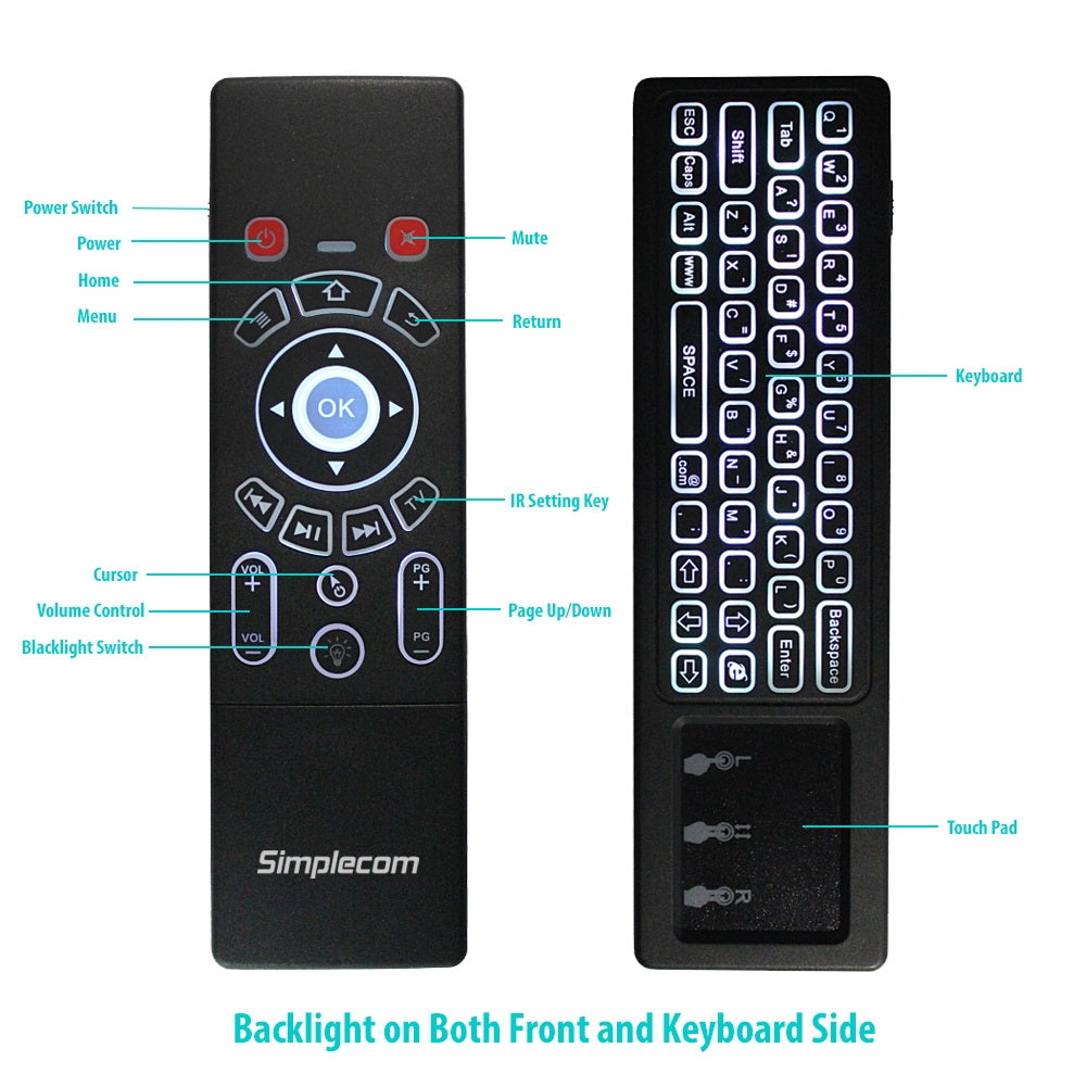 Simplecom RT250 Rechargeable 2.4GHz Wireless Remote Air Mouse Keyboard with Touch Pad and Backlight Tristar Online