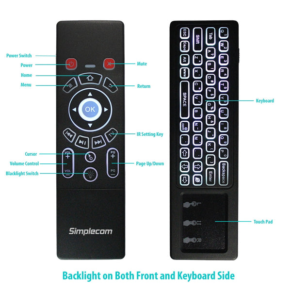 Simplecom RT250 Rechargeable 2.4GHz Wireless Remote Air Mouse Keyboard with Touch Pad and Backlight Tristar Online